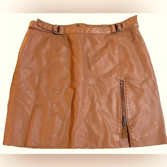 NWT Free People Faux Leather Mini Skirt Zip Slit Brown Festival Chic - Picture 3 of 12